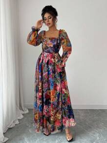 Modelyn Damen Kleid mit quadratischem Ausschnitt, Ballonärmeln, taillierter A-Linie, aus Tencel mit elegantem romantischem Vintage-Blume Muster