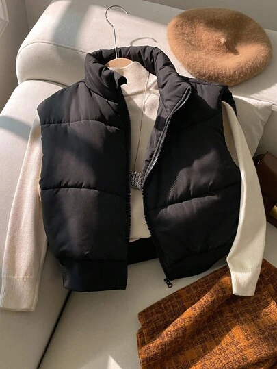 SHEIN Chaleco acolchado de algodón sin mangas de cuello alto versátil y casual para adolescentes, para otoño/invierno