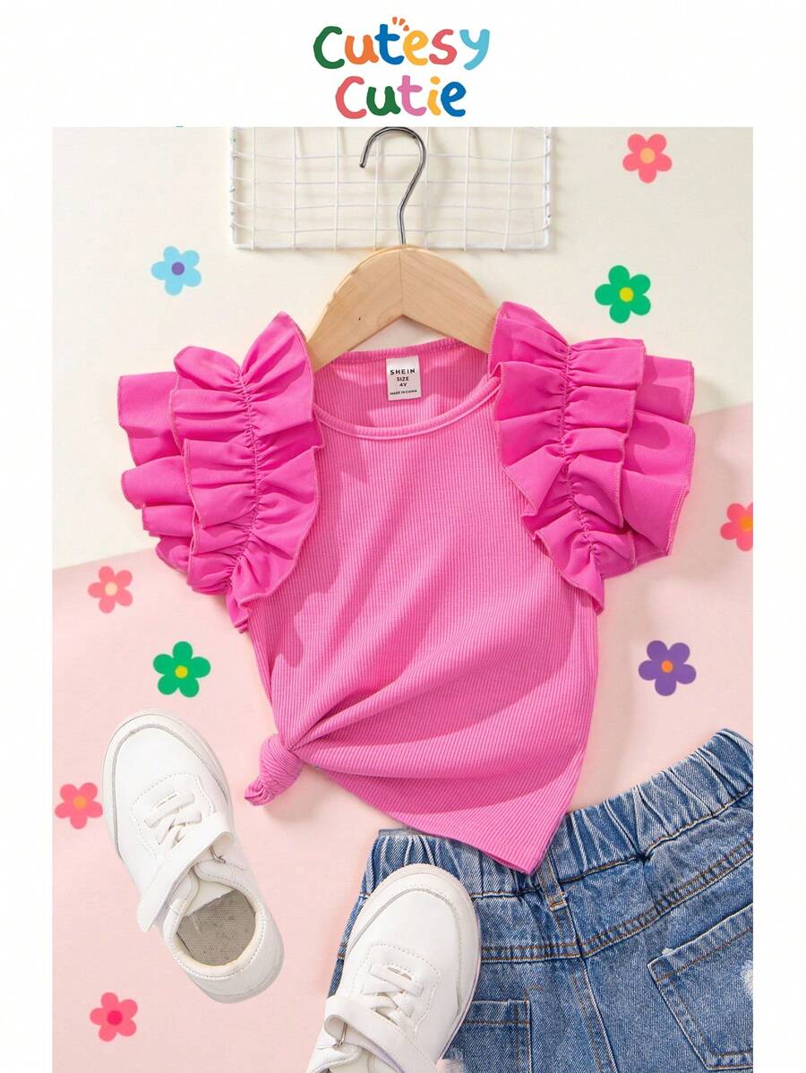 SHEIN Young Girl's Athletic Sweet & Cool Knitted Round Neck Ruffle Sleeve Top - Pink - View 1