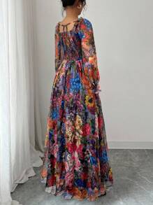 Modelyn Damen Kleid mit quadratischem Ausschnitt, Ballonärmeln, taillierter A-Linie, aus Tencel mit elegantem romantischem Vintage-Blume Muster