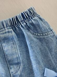 Girls Casual Sweet Daily Round Neck Short Sleeve Cropped Bow Print T-Shirt And Elastic Waist Bow Denim Shorts Set Little Girl Denim Shorts Set Toddler Girl Bow Denim Set Little Girl Denim Set Summer Two Piece Set For Kids Kid Two Piece Set With Bows Girls Jean Shorts Set Blue Kid Sets Summer Holiday