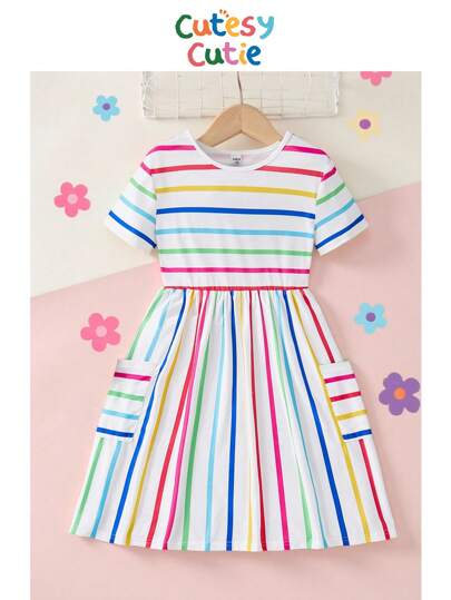 SHEIN Ung flicka Casual färgglad randig stickad rundhalsad kortärmad klänning