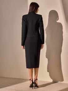 CLARA VERO Ensemble jupe et veste avec détails de boutons, tenue élégante pour le travail - Noir - Voir 2