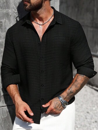 Manfinity Bizformal Chemise décontractée à manches longues pour hommes, de couleur unie et à carreaux jacquard pour le travail