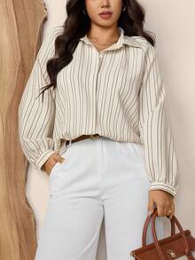 Zelara Plus Size Women Striped Raglan Sleeve Long Sleeve Single-Breasted Casual Shirt Navycore Outfits Plus Size Shirts And Blouses Fall Clothes For Women Business Casual Woman Office Outfits For Women Button Up Shirt Women Teacher Shirts Old Money Style Women