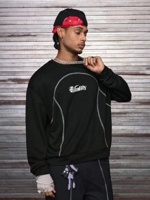 AXEPEAK Sudadera casual de cuello redondo con estampado de letras de manga larga para hombre, otoño e invierno - Negro - Ver 5