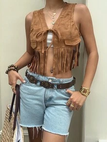 Sunnyshic 女式复古流苏牛仔背心夹克。西部牛仔背心，西部风女式流苏背心，女式牛仔背心 - 棕色 - 查看 6
