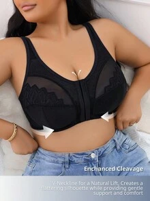 SHEIN 1pc Plus Size Women Front Button Comfortable Underwear Plus Size Bra Front Closure Bra Wireless Bra No Padding Bra Seamless Bra Plus Size Wireless Bra - Black - View 3