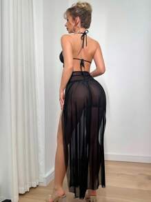 SHEIN 3 件套性感内衣套装：网眼闪光流苏无线短款上衣 + 丁字裤 + 迷你裙内衣服装异国舞者服装套装 - 黑色 - 查看 2