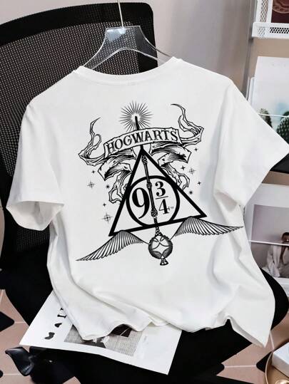 HARRY POTTER X SHEIN Women's Preppy Style White Wand & Platform Nine And Three-Quarters & Deathly Hallows & Golden Snitch Graphic Pattern Round Neck Short Sleeve T-Shirt Back To School Oversized Graphic Tee, Summer Fall