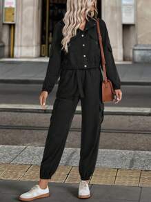 EMERY ROSE 2pcs Women Solid Color Casual Long Sleeve Single-Breasted Jacket And Pants Set Fall Cloth For Women - Black - View 5