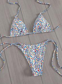 Swim Mod Conjunto de 2 piezas de traje de baño de verano con parte superior estampada con elementos marinos y cuadros multicolor, y Bottom con lazos laterales