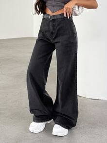 EURMUSE Jeans droits à taille haute avec ceinture pour femmes - Noir - Voir 1