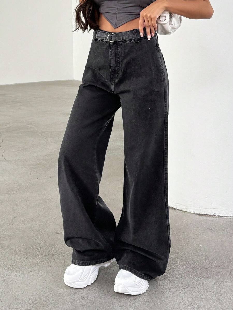 EURMUSE Jeans droits à taille haute avec ceinture pour femmes - Noir - Voir 1