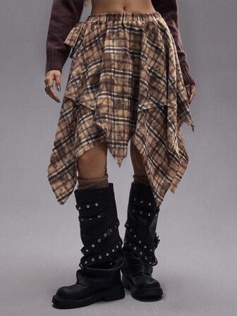 EDITION Jupe plissée asymétrique tie-dye à carreaux pour femmes, style rétro grunge pour la rentrée scolaire. Convient pour être portée avec un pantalon.