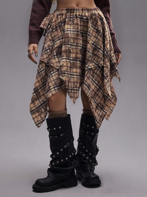 ROMWE EDITION 返校季 Y2K 女款秋季不对称下摆扎染格子裙，适合搭配裤子，复古垃圾摇滚风格，适合返校季