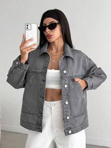 EURMUSE Veste en jean grise oversize décontractée pour femme - Gris - Voir 1