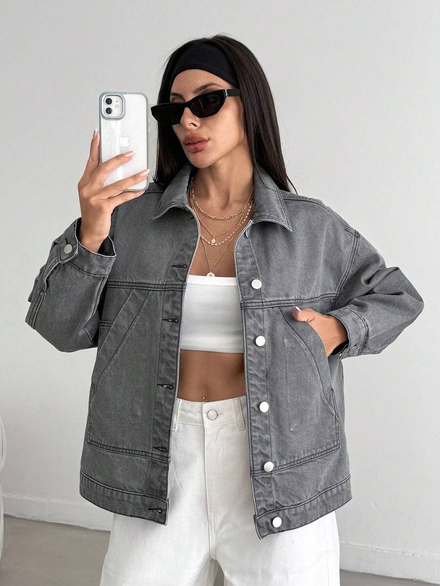 EURMUSE Veste en jean grise oversize décontractée pour femme - Gris - Voir 1