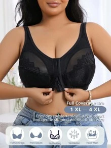 SHEIN 1pc Plus Size Women Front Button Comfortable Underwear Plus Size Bra Front Closure Bra Wireless Bra No Padding Bra Seamless Bra Plus Size Wireless Bra - Black - View 6
