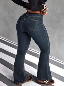 SHEIN Tall 女士休闲百搭日常喇叭牛仔裤，带口袋 - 藍色 - 查看 2