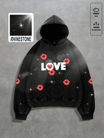 Betty Boop | ROMWE Sudadera con capucha de manga larga con gráfico de letras y rhinestones para hombre