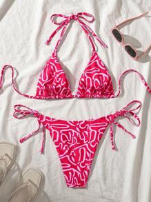 Swim Mod Set de 2 piezas Bikini con estampado aleatorio y escote halter para mujer, para el verano - Multicolor - Ver 2