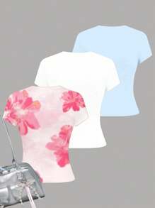 3 件套 Tween 女童修身休闲舒适圆领紧身长袖 T 恤，适合夏季 - 彩色 - 查看 2