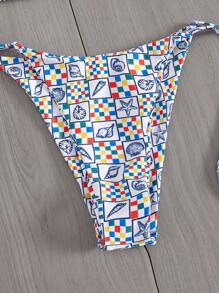 Swim Mod Conjunto de 2 piezas de traje de baño de verano con parte superior estampada con elementos marinos y cuadros multicolor, y Bottom con lazos laterales