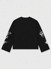 ROMWE MEN Street Life Men's Oversized Short Cross Printed T-Shirt - Black - View 2