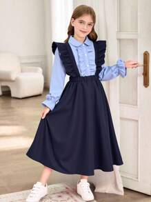 女孩浅蓝色长袖衬衫和海军蓝 A 字裙套装，休闲校服风格 - 彩色 - 查看 1