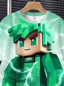 SHEIN Leap Crew 2 件套青少年男孩休闲简约短袖圆领套装，适合夏季 - 彩色 - 查看 4