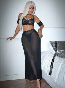 SHEIN Bộ đồ lót gợi cảm 5 món dành cho nữ: Áo ren phối dây có thể tháo rời + Quần lọt khe + Chân váy dài + 2 băng tay - màu đen - Xem 3