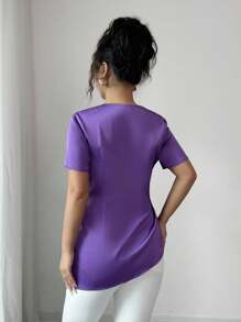 Elenzga Women's Elegant Cinched Waist Twist Knot Blouse - Purple - View 2
