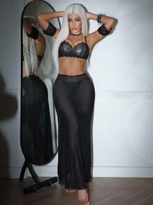 SHEIN Bộ đồ lót gợi cảm 5 món dành cho nữ: Áo ren phối dây có thể tháo rời + Quần lọt khe + Chân váy dài + 2 băng tay - màu đen - Xem 5