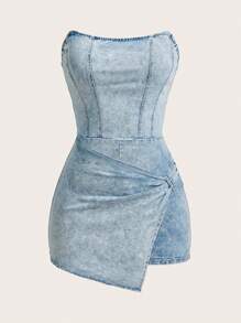 SHEIN MOD Plus Size Women Asymmetric Hem Twist Front Denim Jumpsuit - Blue - View 1
