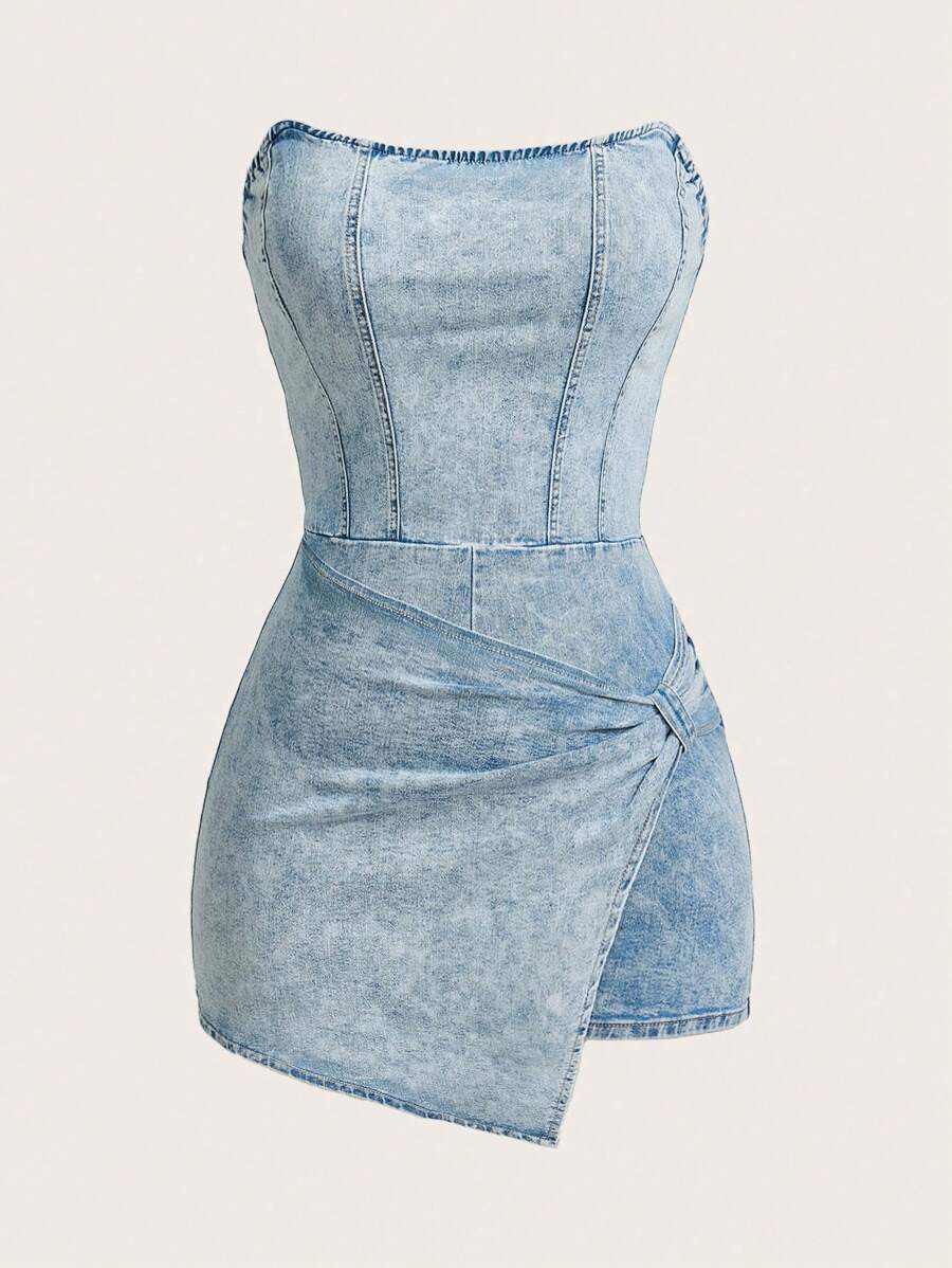 SHEIN MOD Plus Size Women Asymmetric Hem Twist Front Denim Jumpsuit - Blue - View 1