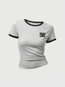 SHEIN Girlism 少女圆领短袖温柔甜美时尚撞色数字和字母印花修身 T 恤，休闲，运动，街头，学校，返校女士短款婴儿 T 恤女士 Ringer Tee 短款 T 恤婴儿 T 恤少女短款 T 恤女士图案 T 恤热门关键词女士基本款 T 恤