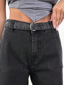 EURMUSE Jeans droits à taille haute avec ceinture pour femmes - Noir - Voir 3