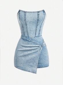 SHEIN MOD Plus Size Women Asymmetric Hem Twist Front Denim Jumpsuit - Blue - View 5
