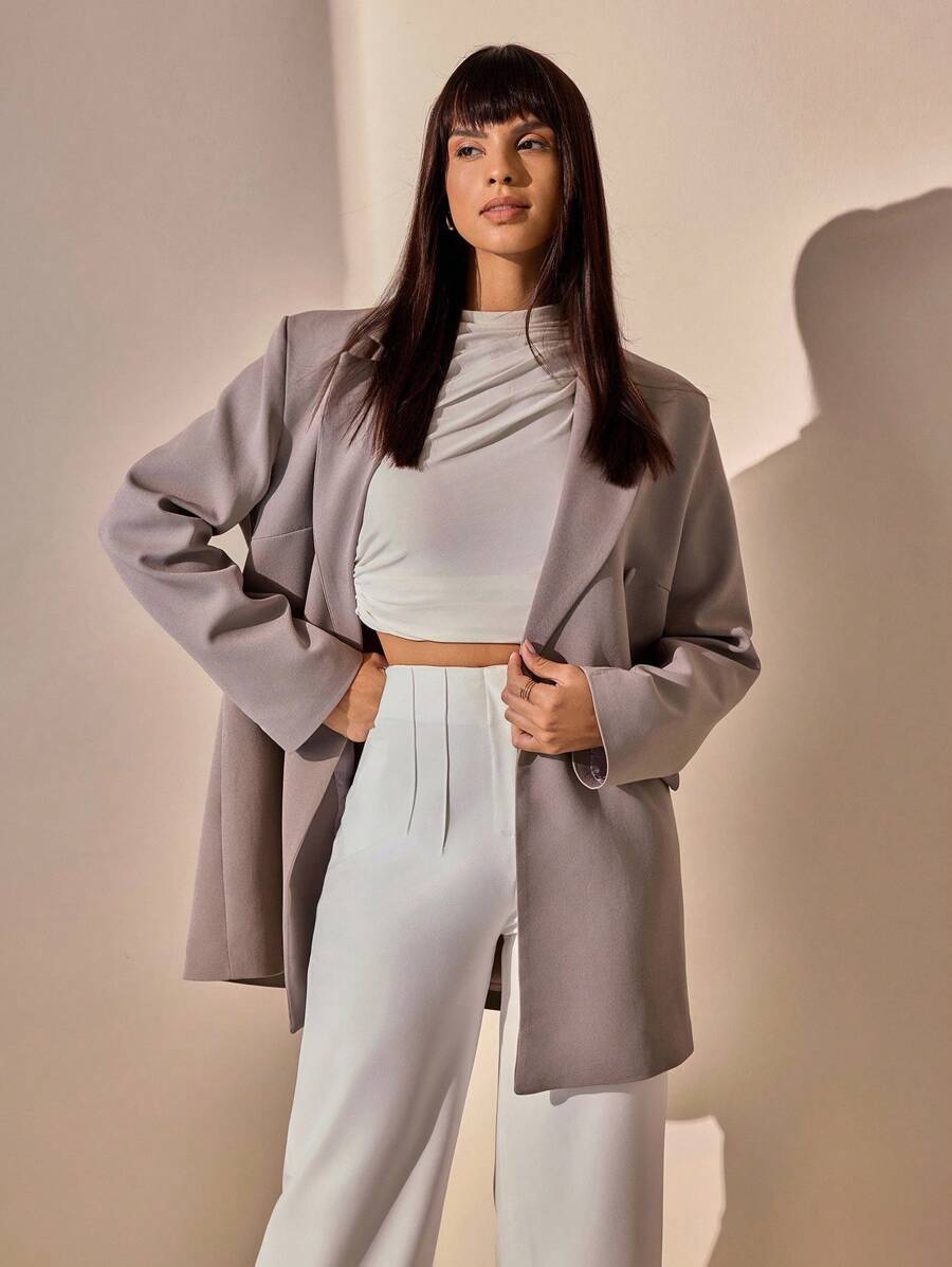CLARA VERO Long-Sleeve Button-Up Shirt With Classic Collar, Embellished With Small Rhinestones Along The Collar And Front Button Placket, Elegant And Sophisticated Style - Grey - View 1