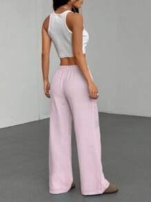 SHEIN Tall Women's Striped Bubble Crinkle Fabric Low Waist Drawstring Tie Straight Pockets Wide Leg Loose Pants, Suitable For Vacation, Beach, Casual, Daily Wear, Tall Size, Summer Fall Cloth For Women