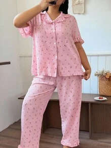 CottageSlumber Plus Size Ditsy Floral Ruffle Collar Cardigan Pajama Set - Multicolor - View 6