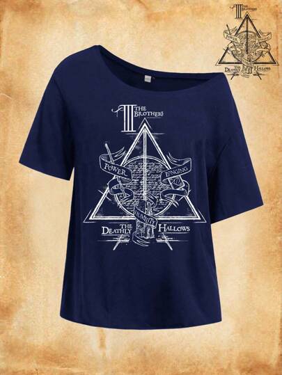 HARRY POTTER X SHEIN Women's Deathly Hallows Preppy Dark Blue Pattern Off The Shoulders Asymmetric Neck Casual T-Shirt Back To School Oversized Graphic Tee, Summer Fall