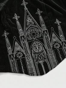 ROMWE Goth 复古哥特式城堡十字刺绣方领蕾丝拼布网眼泡泡袖上衣，万圣节 - 黑色 - 查看 2