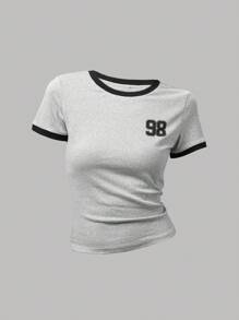 SHEIN Girlism 少女圆领短袖温柔甜美时尚撞色数字和字母印花修身 T 恤，休闲，运动，街头，学校，返校女士短款婴儿 T 恤女士 Ringer Tee 短款 T 恤婴儿 T 恤少女短款 T 恤女士图案 T 恤热门关键词女士基本款 T 恤