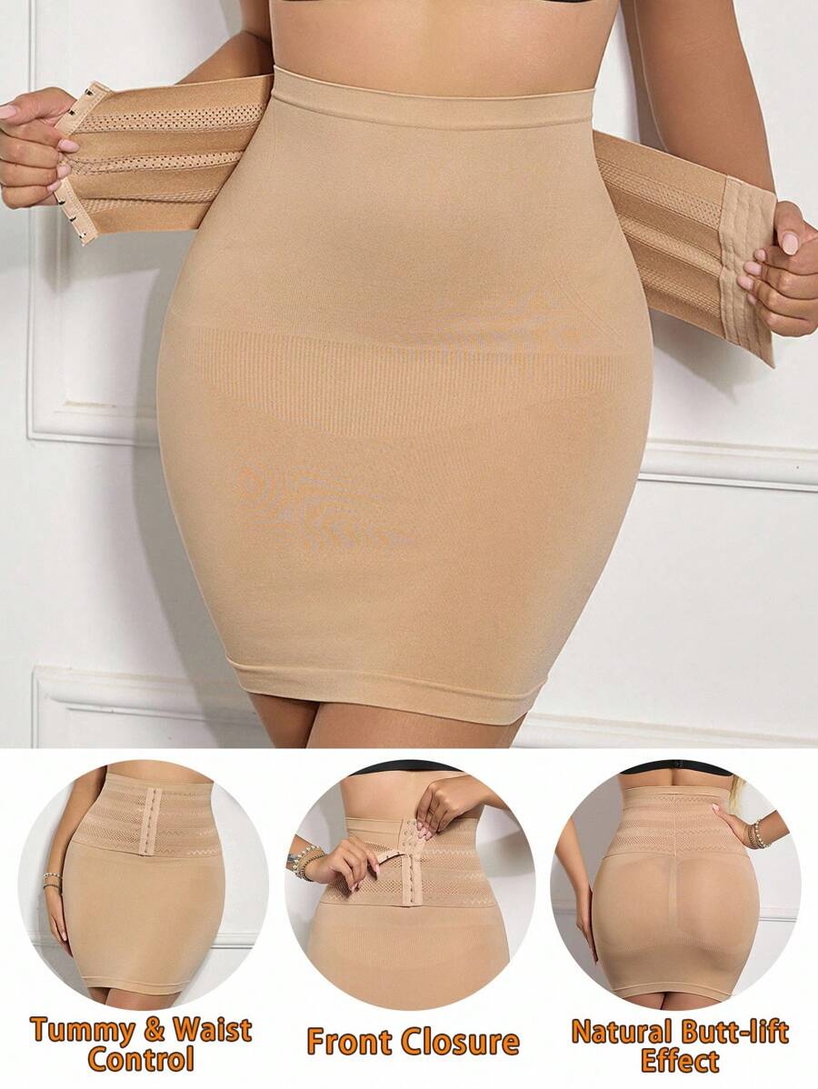 SHEIN 女士无缝高腰收腹束腰提臀塑身前钩扣塑身裙 - 杏色 - 查看 1