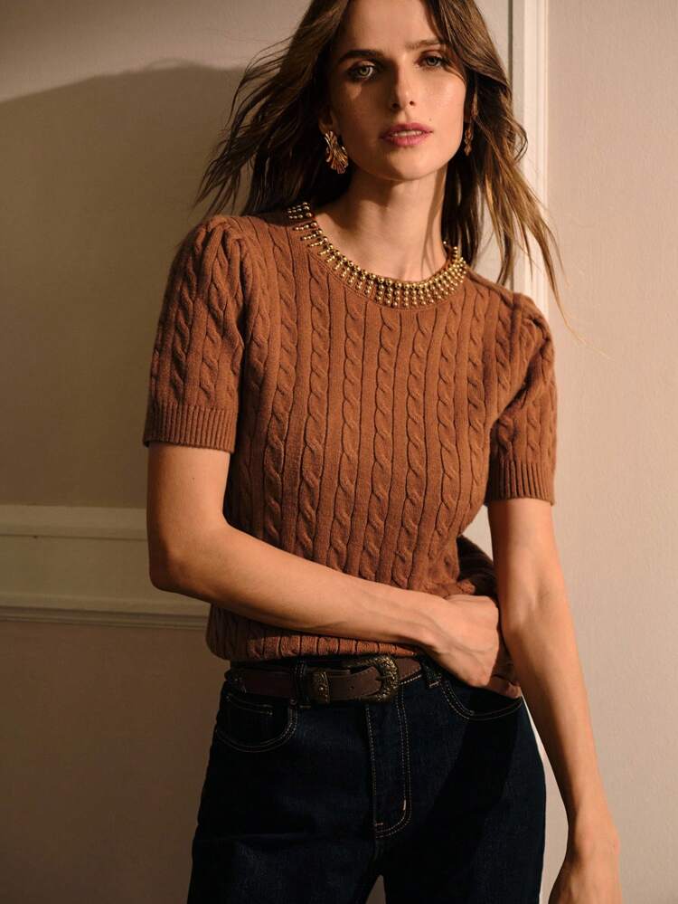SHORT SLEEVE CABLE KNIT TOP KNIT PULLOVER FALL WINTER