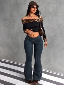 SHEIN Tall 女士休闲百搭日常喇叭牛仔裤，带口袋 - 藍色 - 查看 4