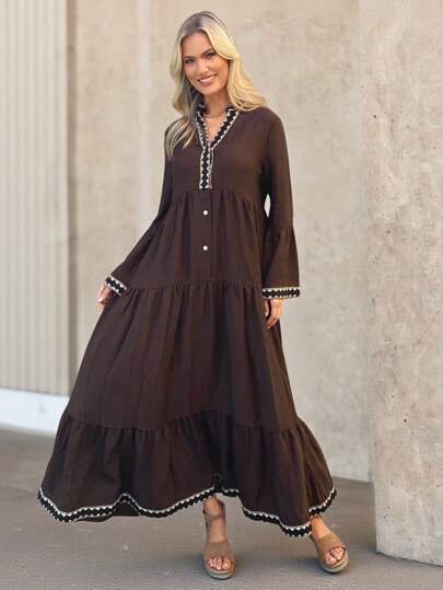 Wildy 秋季新款美式乡村休闲度假荷叶边喇叭袖连衣裙，棕色