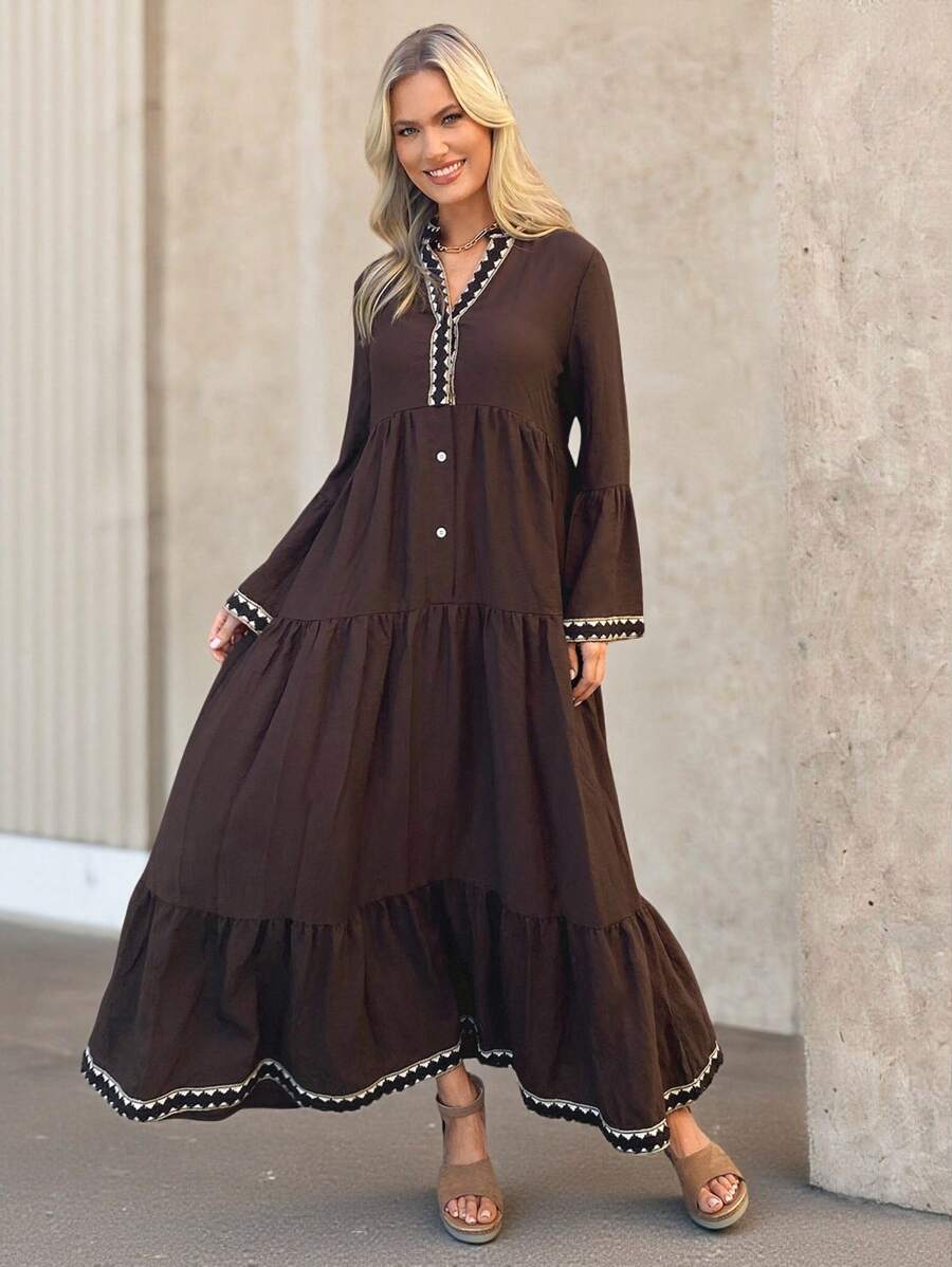 Wildy 秋季新款美式乡村休闲度假荷叶边喇叭袖连衣裙，棕色 - 棕色 - 查看 1